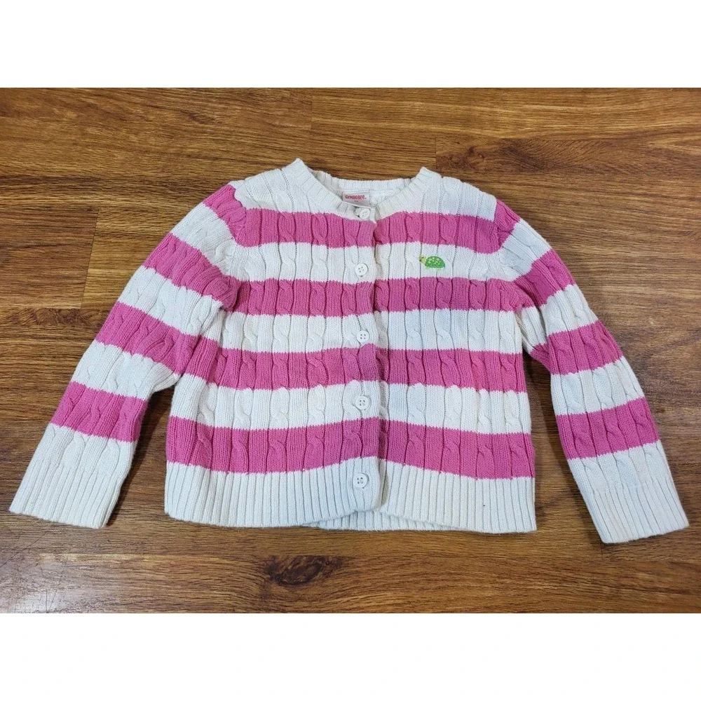 Gymboree Size 3T Pink & White Cable Knit Cardigan Sweater Turtle Cotton
